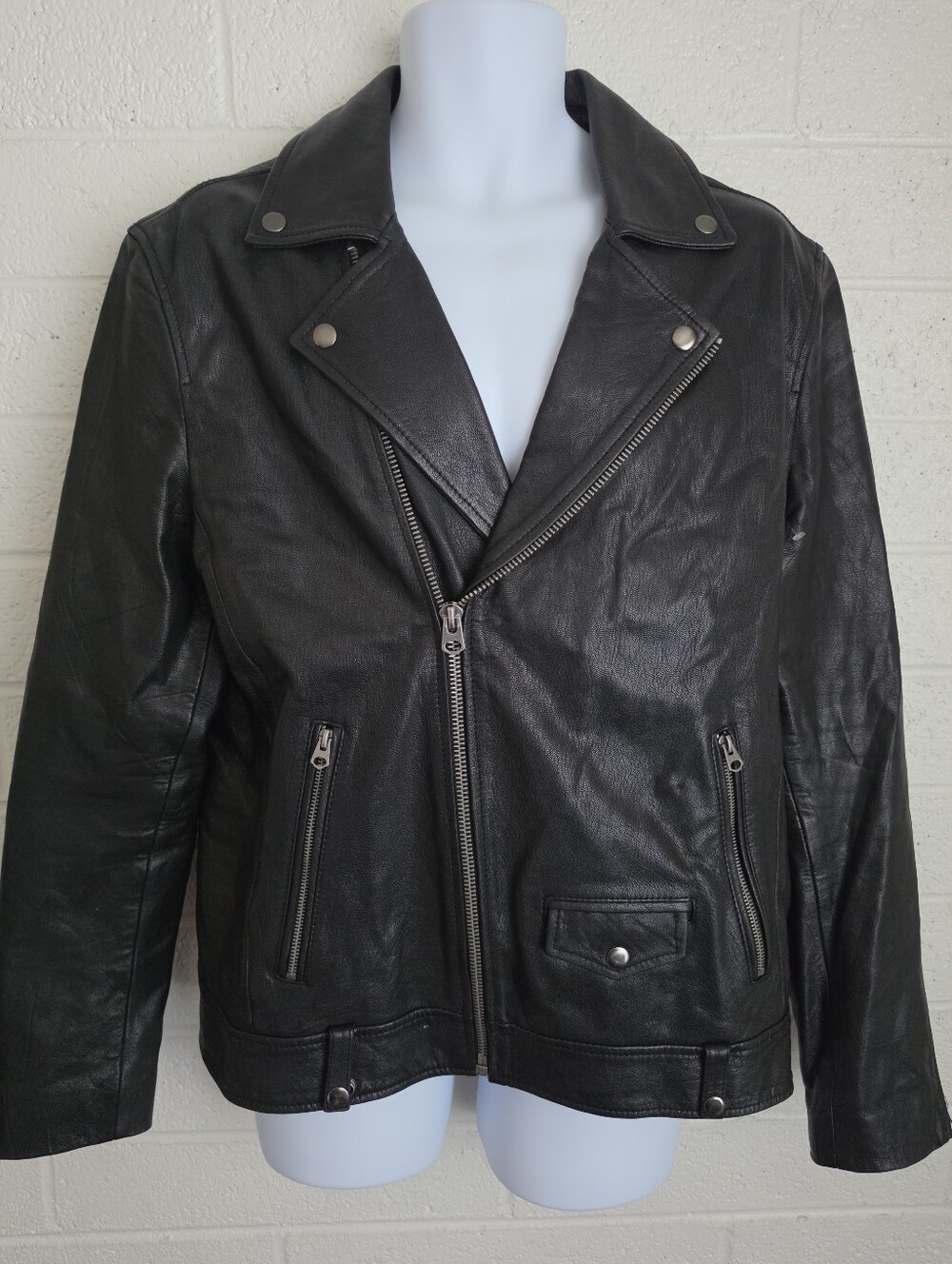 TOPMAN Men's Black Leather Biker Zip Up Jacket Size Large Full Zip Pockets